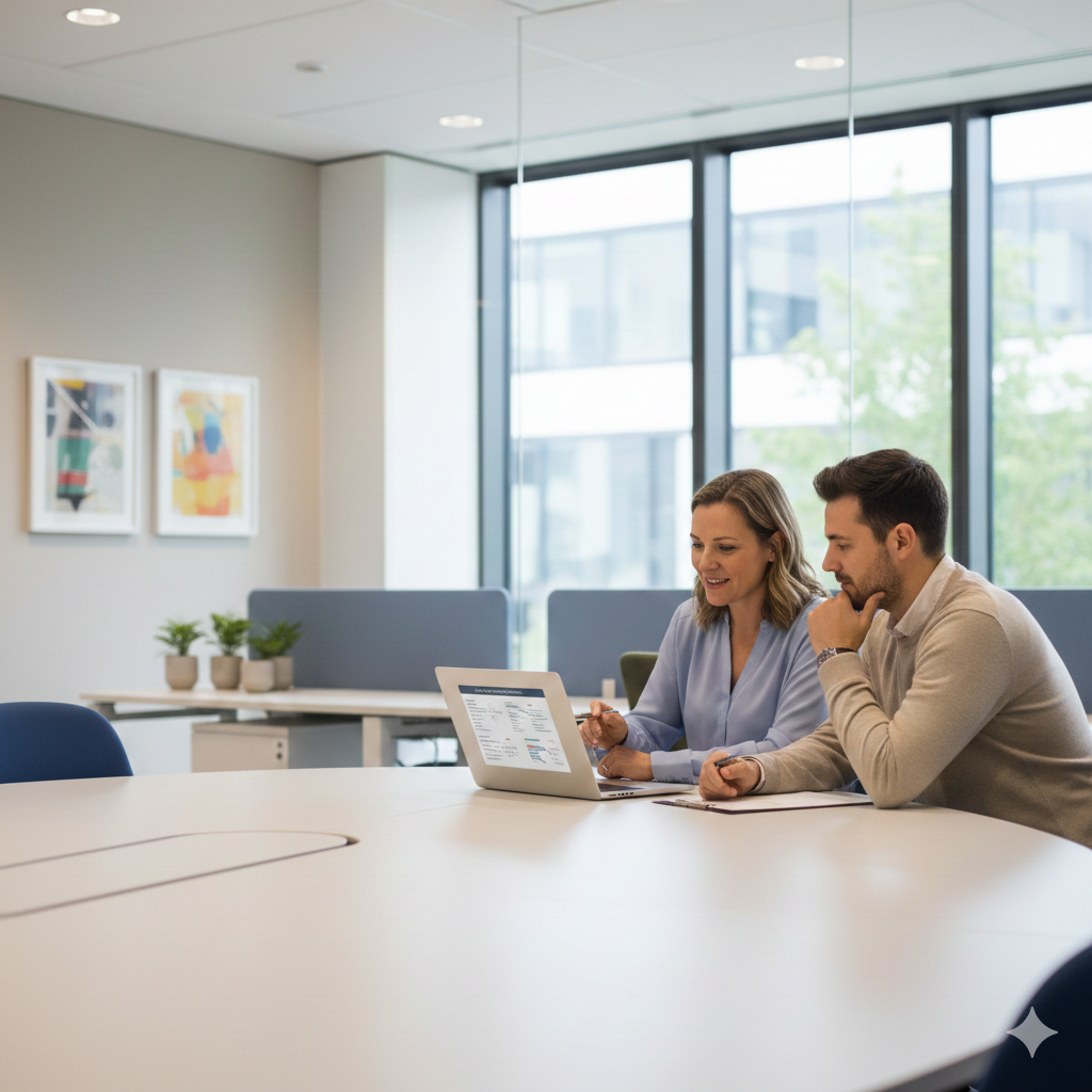 A Deep Transform Labs advisor working through a workflow beside a client at their desk