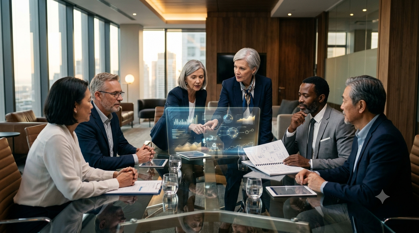 A leadership team reviewing live results and dashboards together in a boardroom
